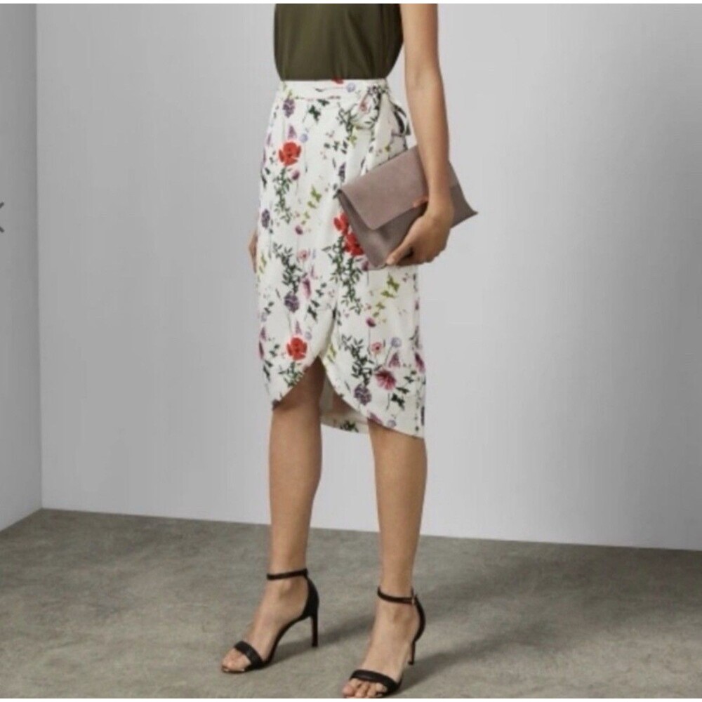 Ted Baker London Camila Hedgerow Poppy Print Wrap Midi Skirt White Size 3 / US 8
